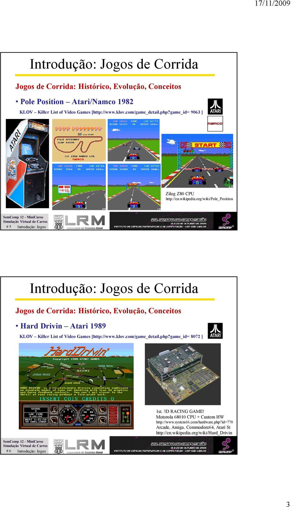 org/wiki/pole_position # 5 Introdução: Jogos Introdução: Jogos de Corrida Jogos de Corrida: Histórico, Evolução, Conceitos Hard Drivin Atari 1989 KLOV Killer List