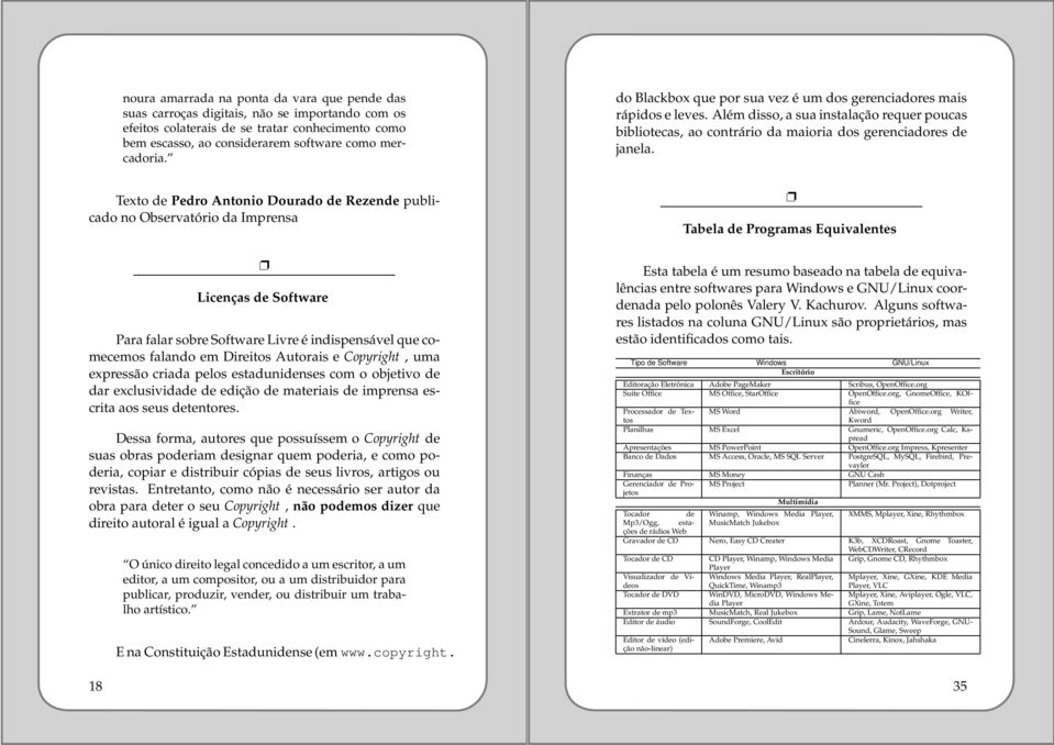 Texto de Pedro Antonio Dourado de Rezende publicado no Observatório da Imprensa Licenças de Software Para falar sobre Software Livre é indispensável que comecemos falando em Direitos Autorais e