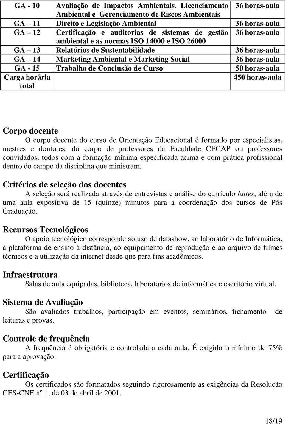 Trabalho de Conclusão de Curso 50 horas-aula Carga horária total 450 horas-aula Corpo docente O corpo docente do curso de Orientação Educacional é formado por especialistas, mestres e doutores, do