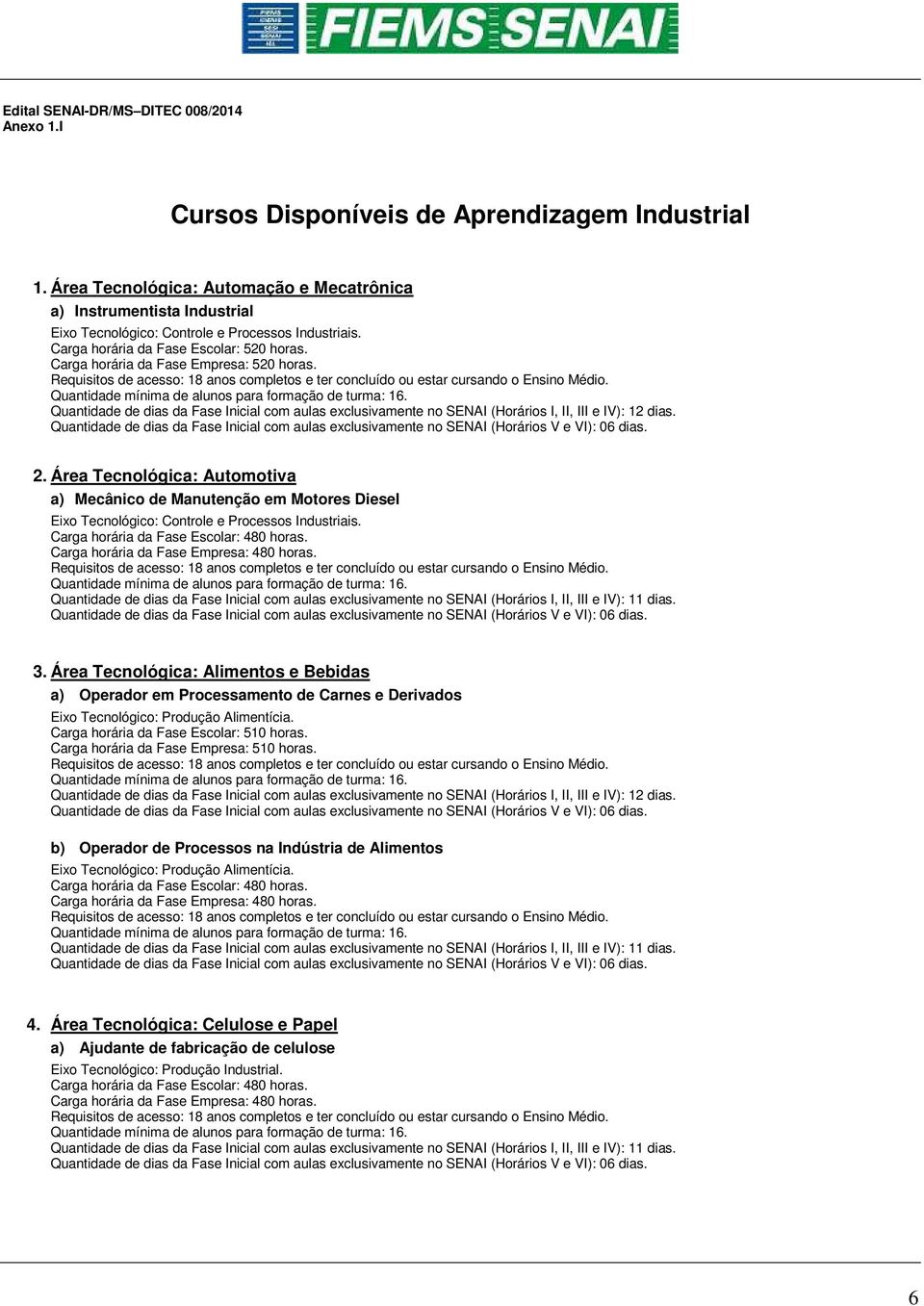 Quantidade de dias da Fase Inicial com aulas exclusivamente no SENAI (Horários I, II, III e IV): 12 dias. 2. Área Tecnológica: Automotiva a) Mecânico de Manutenção em Motores Diesel 3.