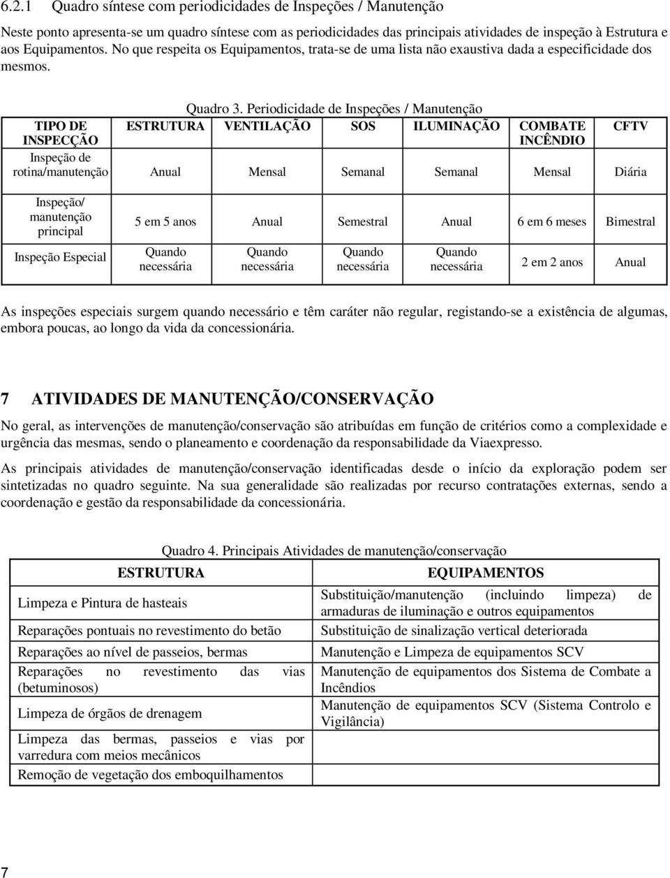 Periodicidade de Inspeções / Manutenção TIPO DE ESTRUTURA VENTILAÇÃO SOS ILUMINAÇÃO COMBATE CFTV INSPECÇÃO INCÊNDIO Inspeção de rotina/manutenção Anual Mensal Semanal Semanal Mensal Diária Inspeção/