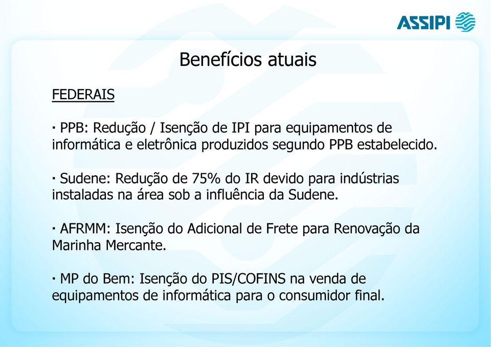 Sudene: Redução de 75% do IR devido para indústrias instaladas na área sob a influência da Sudene.