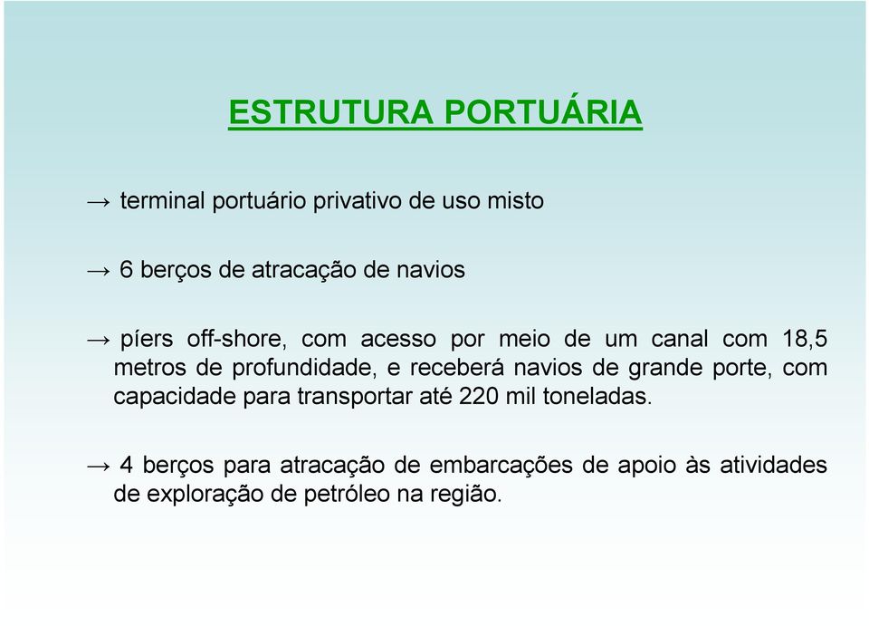 receberá navios de grande porte, com capacidade para transportar até 220 mil toneladas.