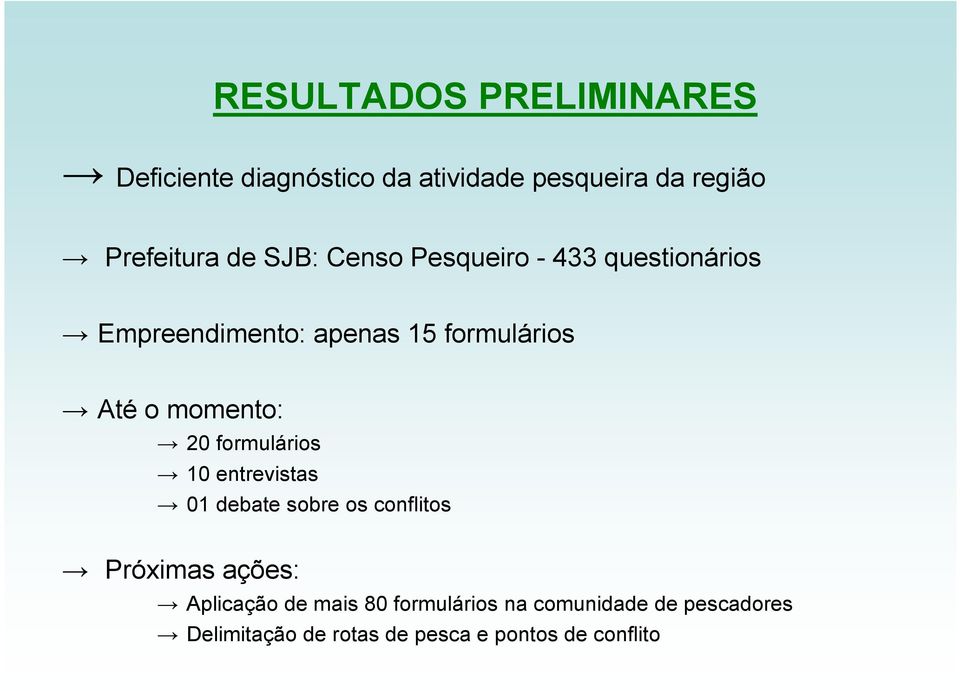 20 formulários 10 entrevistas 01 debate sobre os conflitos Próximas ações: Aplicação de mais