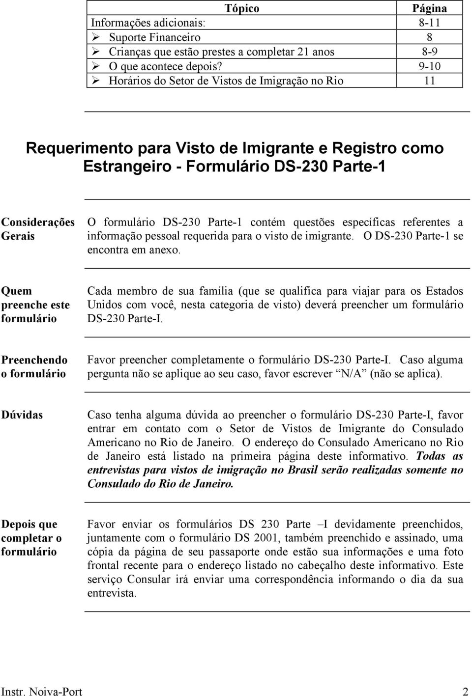 contém questões específicas referentes a informação pessoal requerida para o visto de imigrante. O DS-230 Parte-1 se encontra em anexo.