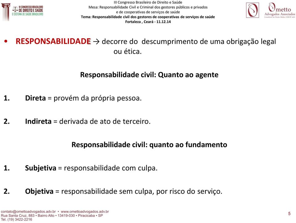 Indireta = derivada de ato de terceiro. Responsabilidade civil: quanto ao fundamento 1.