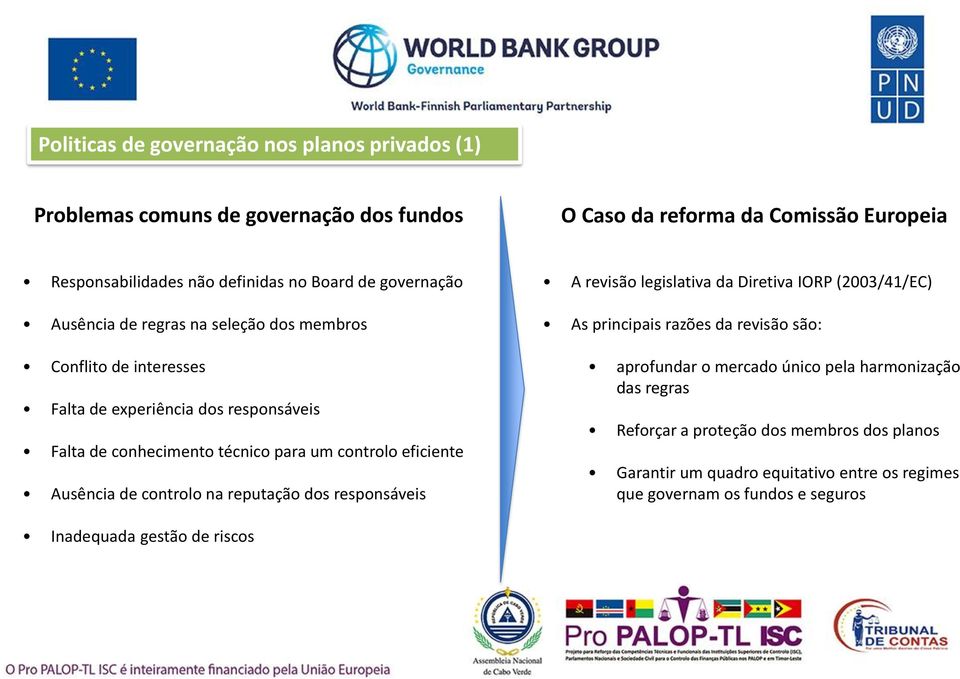 Ausência de controlo na reputação dos responsáveis A revisão legislativa da Diretiva IORP (2003/41/EC) As principais razões da revisão são: aprofundar o mercado único pela