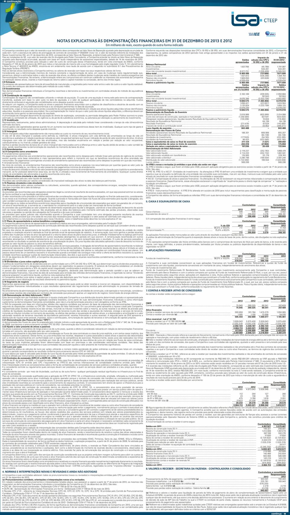 2), o valor da reversão referente às instalações dos Investimentos (NI), em 31 de dezembro de 2012, corresponde ao Valor Novo de Reposição, já determinado pela Portaria Interministerial nº 580.