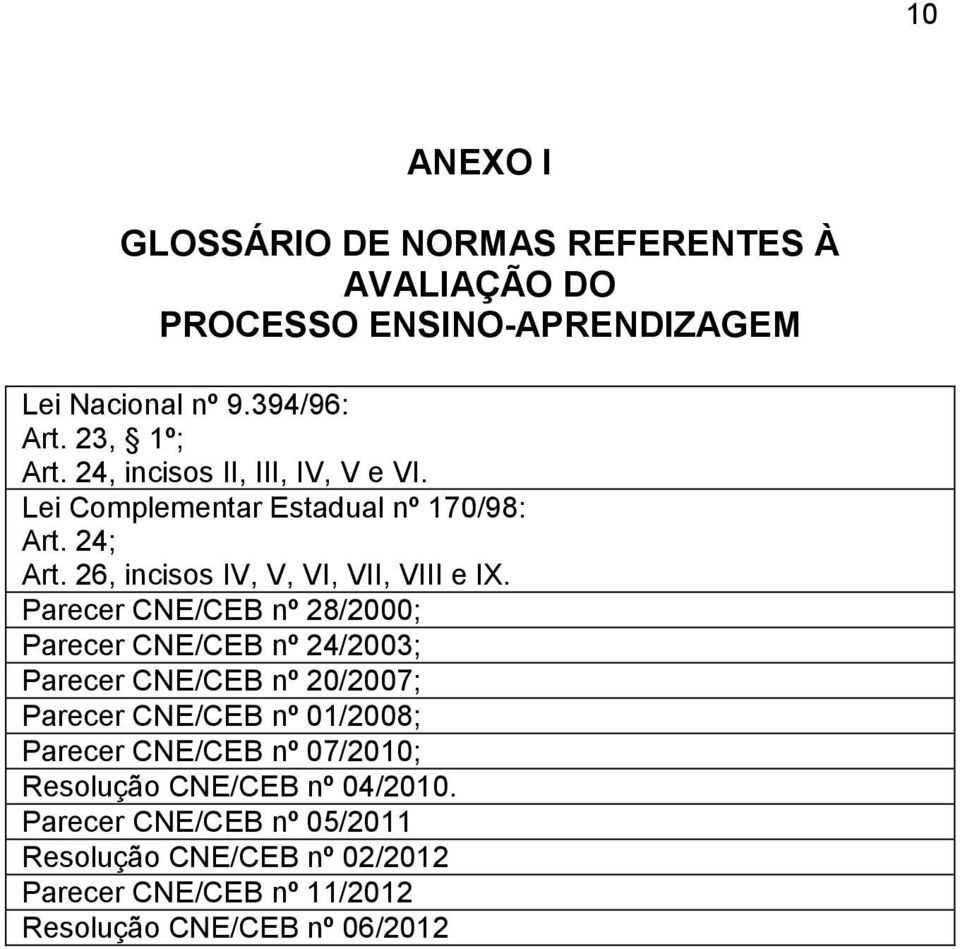 Parecer CNE/CEB nº 28/2000; Parecer CNE/CEB nº 24/2003; Parecer CNE/CEB nº 20/2007; Parecer CNE/CEB nº 01/2008; Parecer CNE/CEB nº