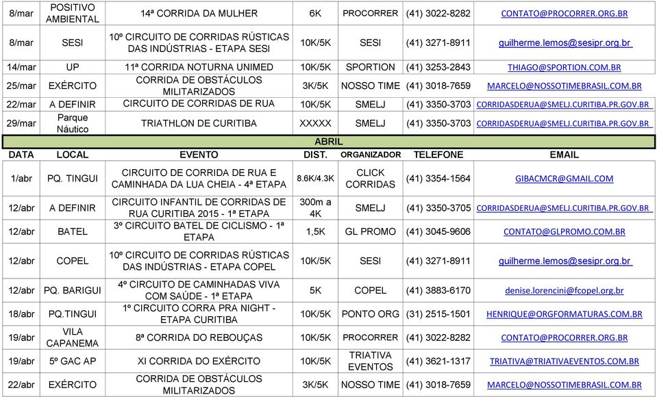 BR 29/mar Parque 2015-1ª ETAPA TRIATHLON DE Náutico XXXXX SMELJ (41) 3350-3703 DERUA@SMELJ..PR.GOV.BR ABRIL 1/abr 12/abr 12/abr 12/abr 12/abr 18/abr 19/abr BATEL COPEL PQ. BARIGUI PQ.