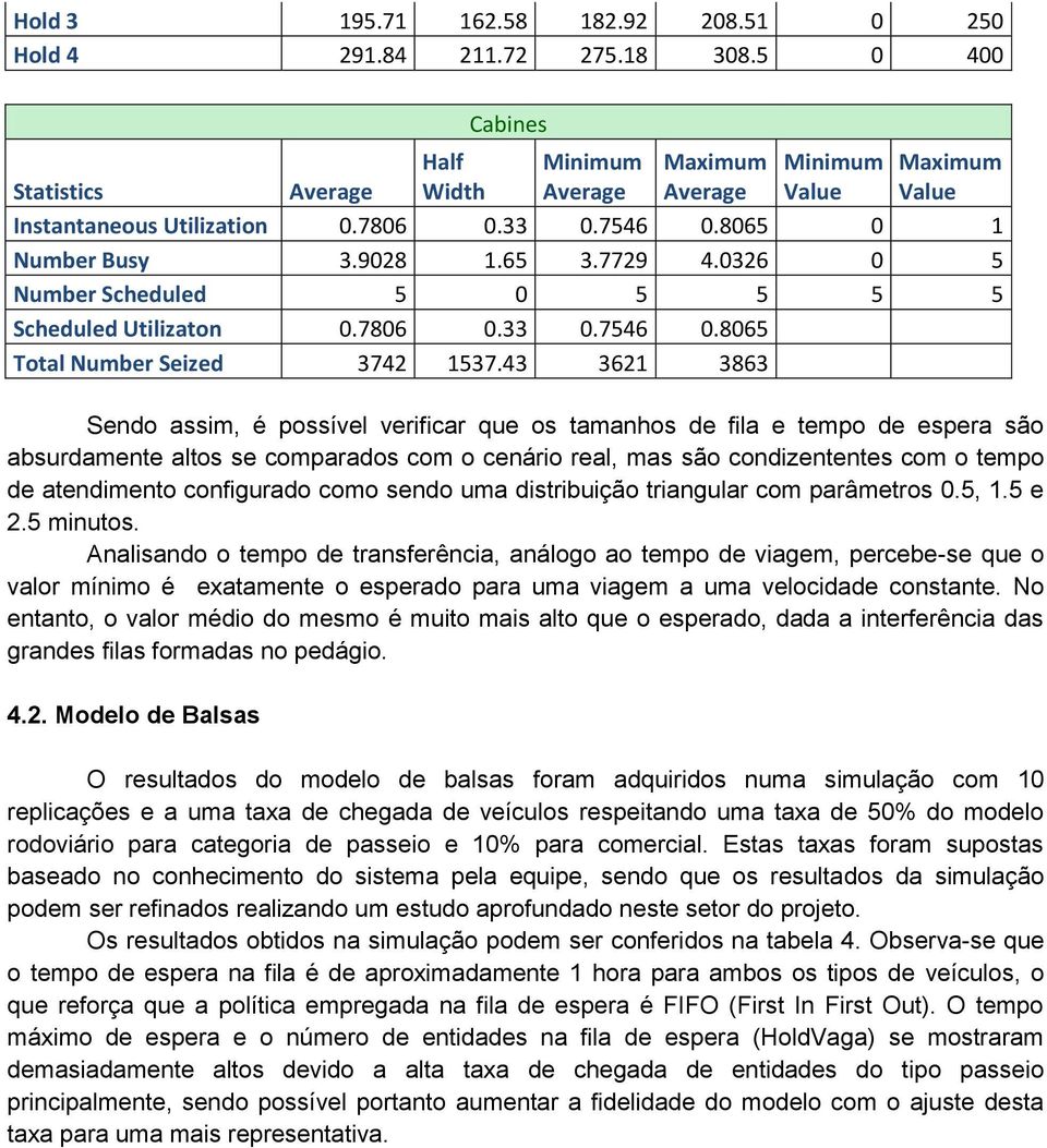 43 3621 3863 Sendo assim, é possível verificar que os tamanhos de fila e tempo de espera são absurdamente altos se comparados com o cenário real, mas são condizententes com o tempo de atendimento