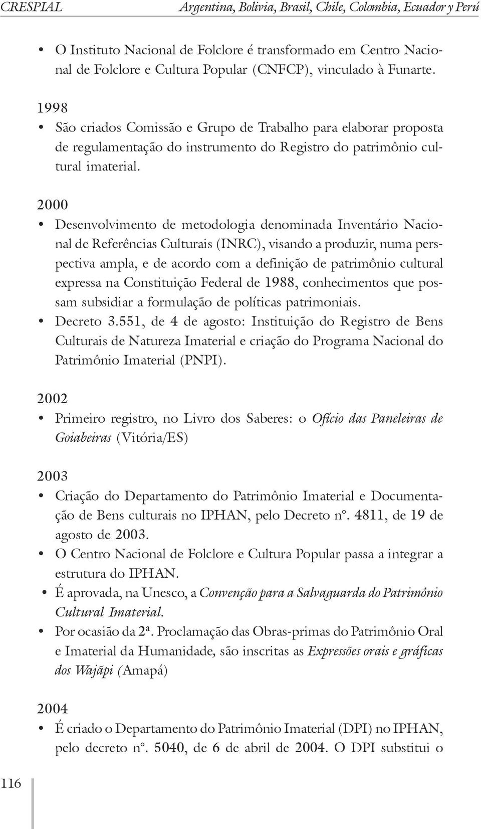 2000 Desenvolvimento de metodologia denominada Inventário Nacional de Referências Culturais (INRC), visando a produzir, numa perspectiva ampla, e de acordo com a definição de patrimônio cultural