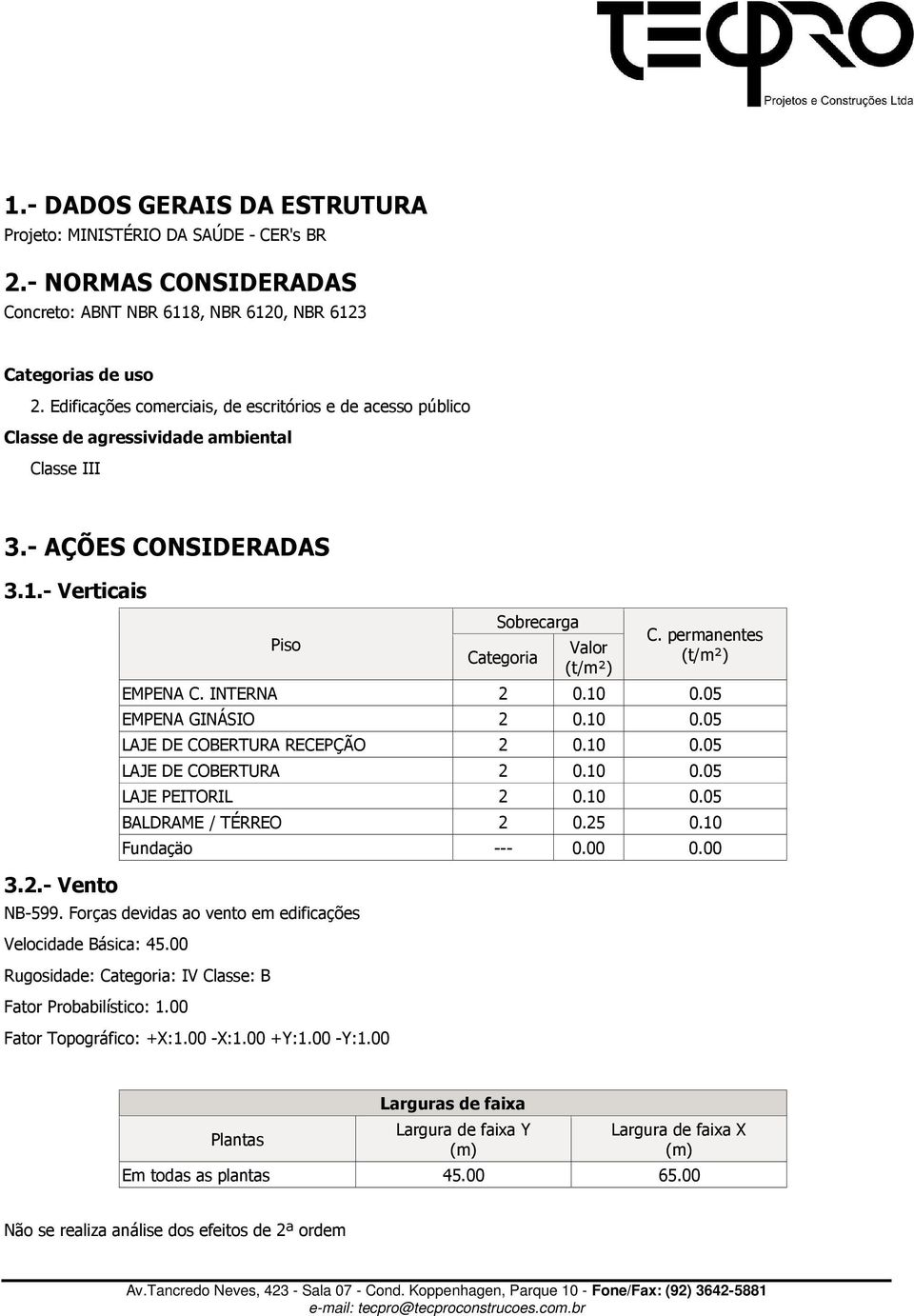 permanentes (t/m²) EMPENA C. INTERNA 2 0.10 0.05 EMPENA GINÁSIO 2 0.10 0.05 LAJE DE COBERTURA RECEPÇÃO 2 0.10 0.05 LAJE DE COBERTURA 2 0.10 0.05 LAJE PEITORIL 2 0.10 0.05 BALDRAME / TÉRREO 2 0.25 0.