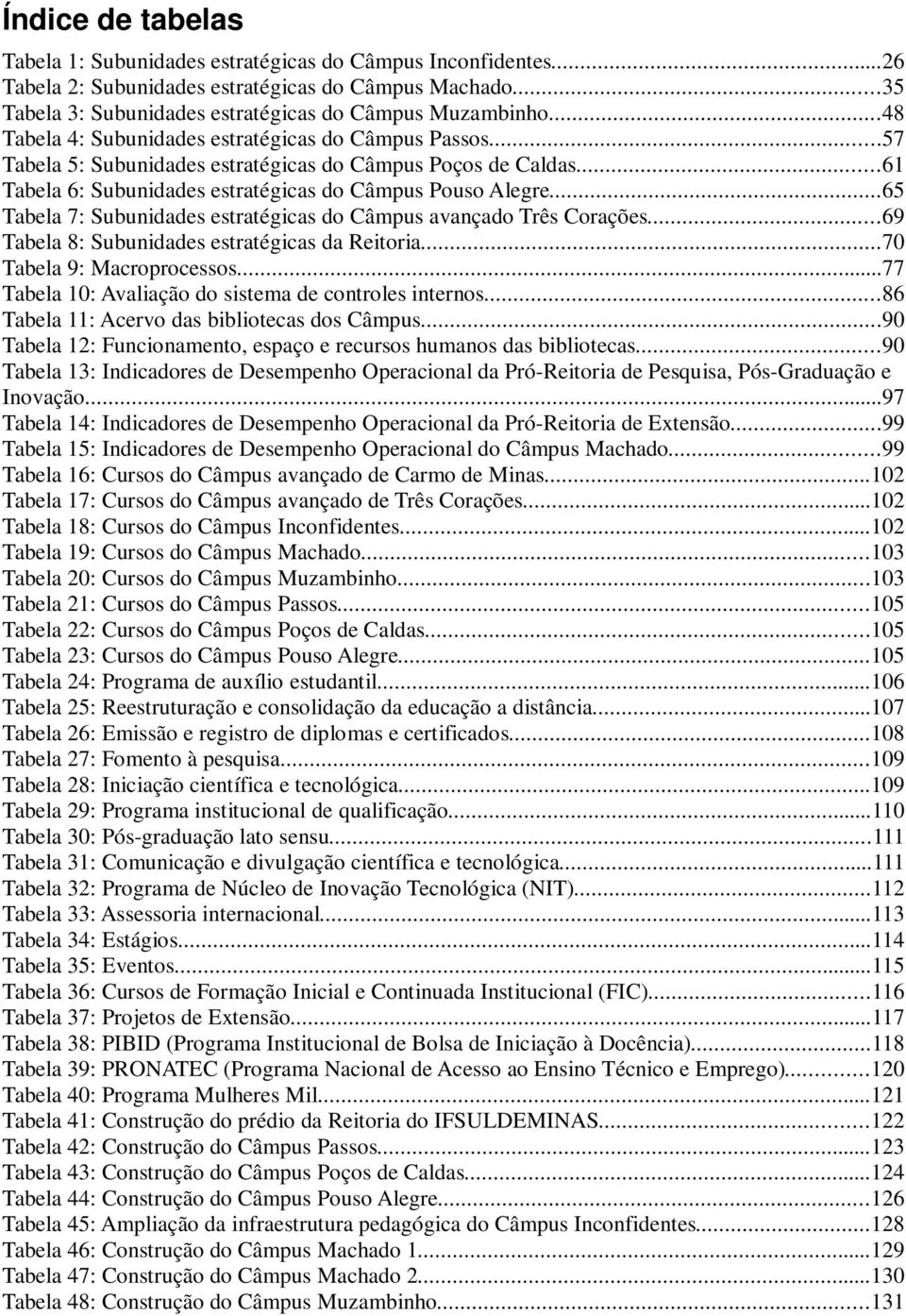 ..65 Tabela 7: Subunidades estratégicas do Câmpus avançado Três Corações...69 Tabela 8: Subunidades estratégicas da Reitoria...70 Tabela 9: Macroprocessos.