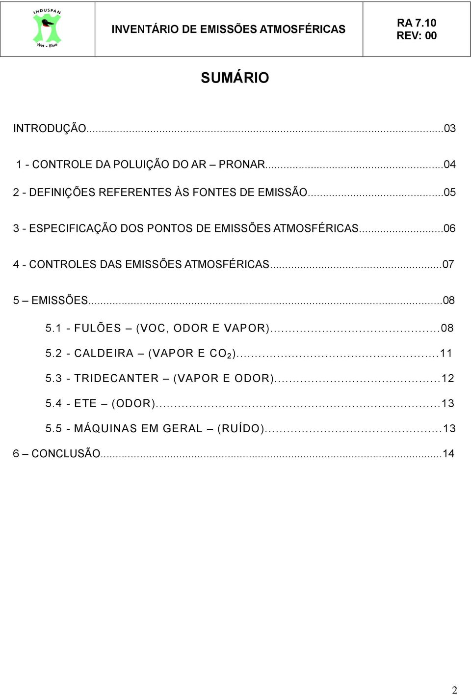 ..05 3 - ESPECIFICAÇÃO DOS PONTOS DE EMISSÕES ATMOSFÉRICAS...06 4 - CONTROLES DAS EMISSÕES ATMOSFÉRICAS.