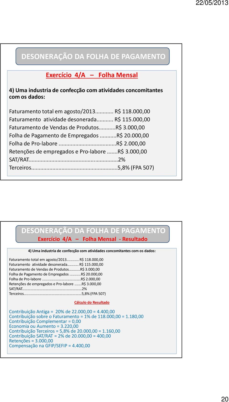 ..2% Terceiros...5,8% (FPA 507) Exercício 4/A Folha Mensal - Resultado 4) Uma industria de confecção com atividades concomitantes com os dados: Faturamento total em agosto/2013... R$ 118.