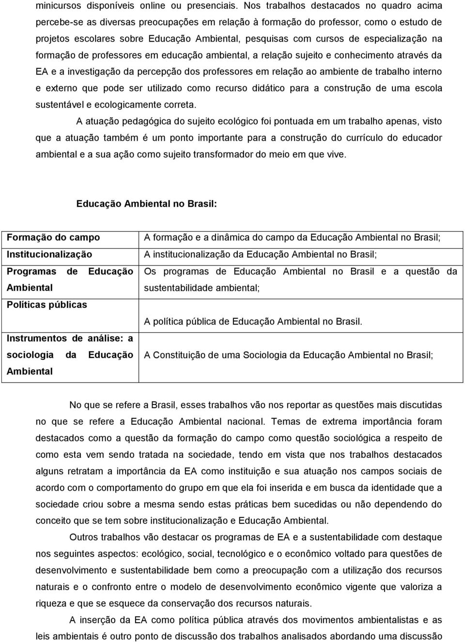 especialização na formação de professores em educação ambiental, a relação sujeito e conhecimento através da EA e a investigação da percepção dos professores em relação ao ambiente de trabalho