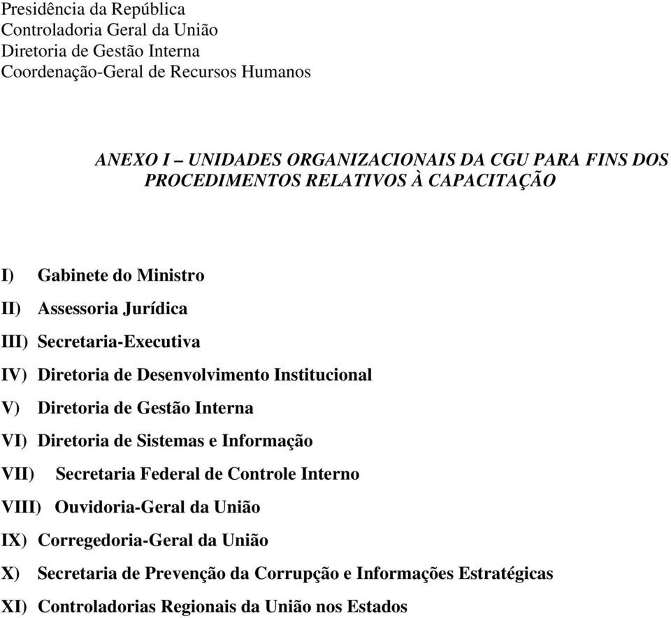 Desenvolvimento Institucional V) Diretoria de Gestão Interna VI) Diretoria de Sistemas e Informação VII) Secretaria Federal de Controle Interno VIII)