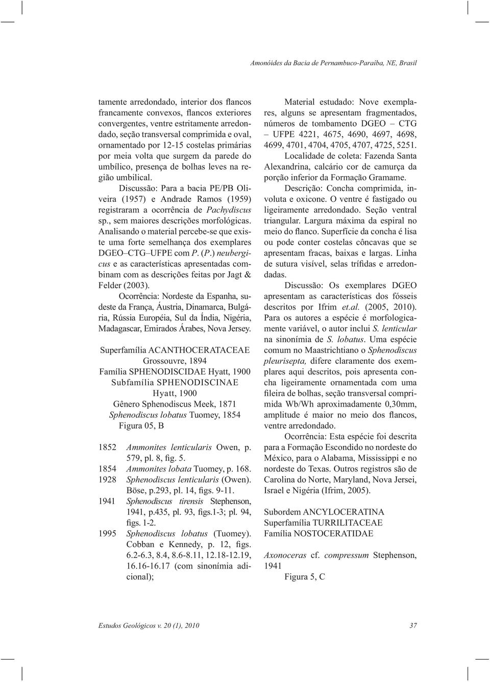 Discussão: Para a bacia PE/PB Oliveira (1957) e Andrade Ramos (1959) registraram a ocorrência de Pachydiscus sp., sem maiores descrições morfológicas.