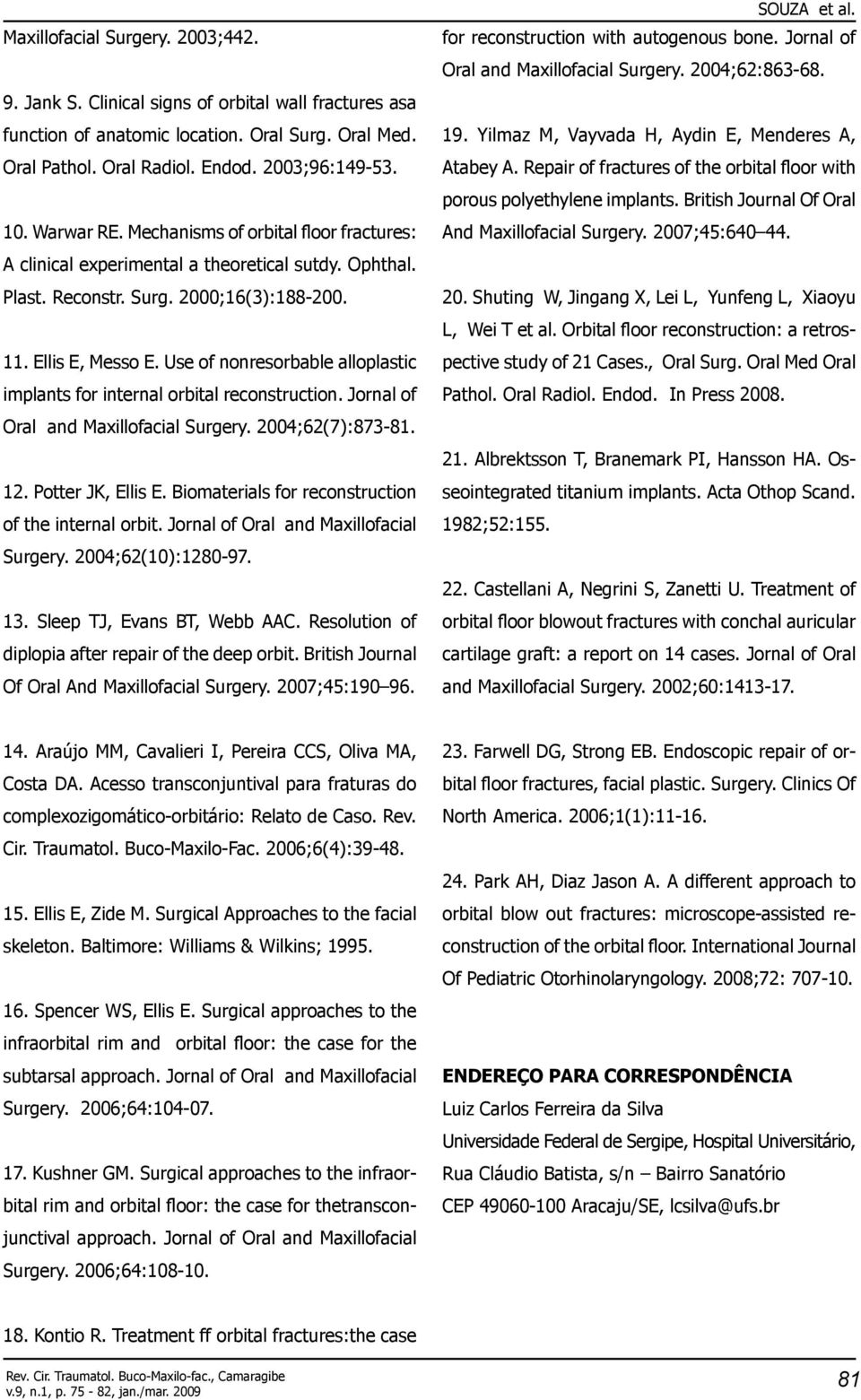 Use of nonresorbable alloplastic implants for internal orbital reconstruction. Jornal of Oral and Maxillofacial Surgery. 2004;62(7):873-81. 12. Potter JK, Ellis E.