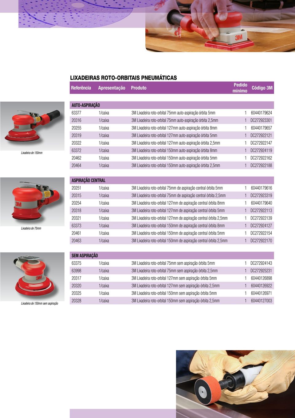 3M Lixadeira roto-orbital 127mm auto-aspiração órbita 5mm 1 DC272922121 20322 1/caixa 3M Lixadeira roto-orbital 127mm auto-aspiração órbita 2,5mm 1 DC272922147 63372 1/caixa 3M Lixadeira roto-orbital