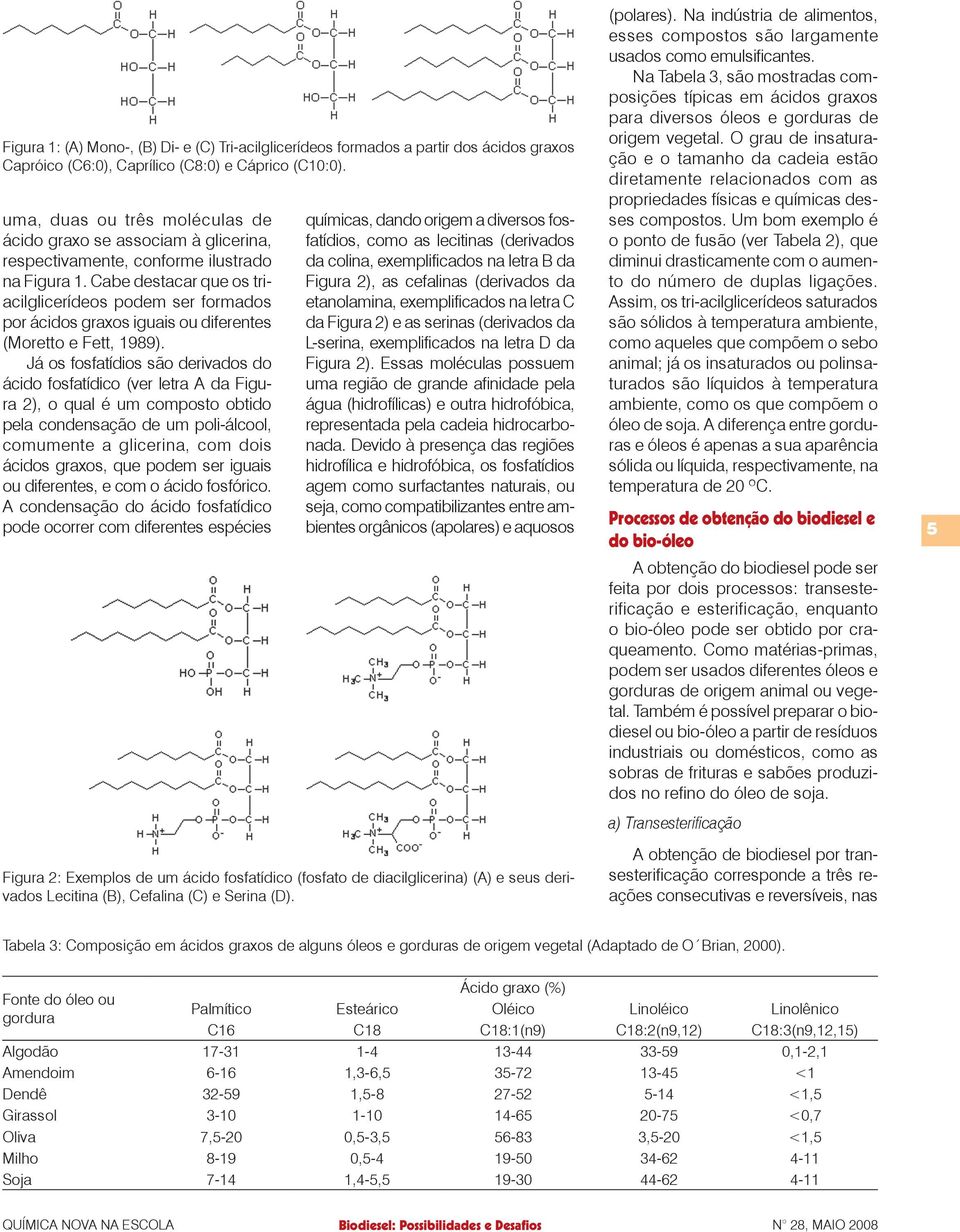 Cabe destacar que os triacilglicerídeos podem ser formados por ácidos graxos iguais ou diferentes (Moretto e Fett, 1989).