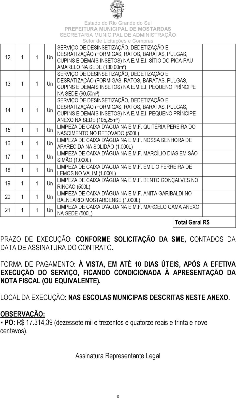 M.F. QUITÉRIA PEREIRA DO NASCIMENTO NO RETOVADO (500L) LIMPEZA DE CAIXA D'ÁGUA NA E.M.F. NOSSA SENHORA DE APARECIDA NA SOLIDÃO (1.000L) LIMPEZA DE CAIXA D'ÁGUA NA E.M.F. MARCÍLIO DIAS EM SÃO SIMÃO (1.