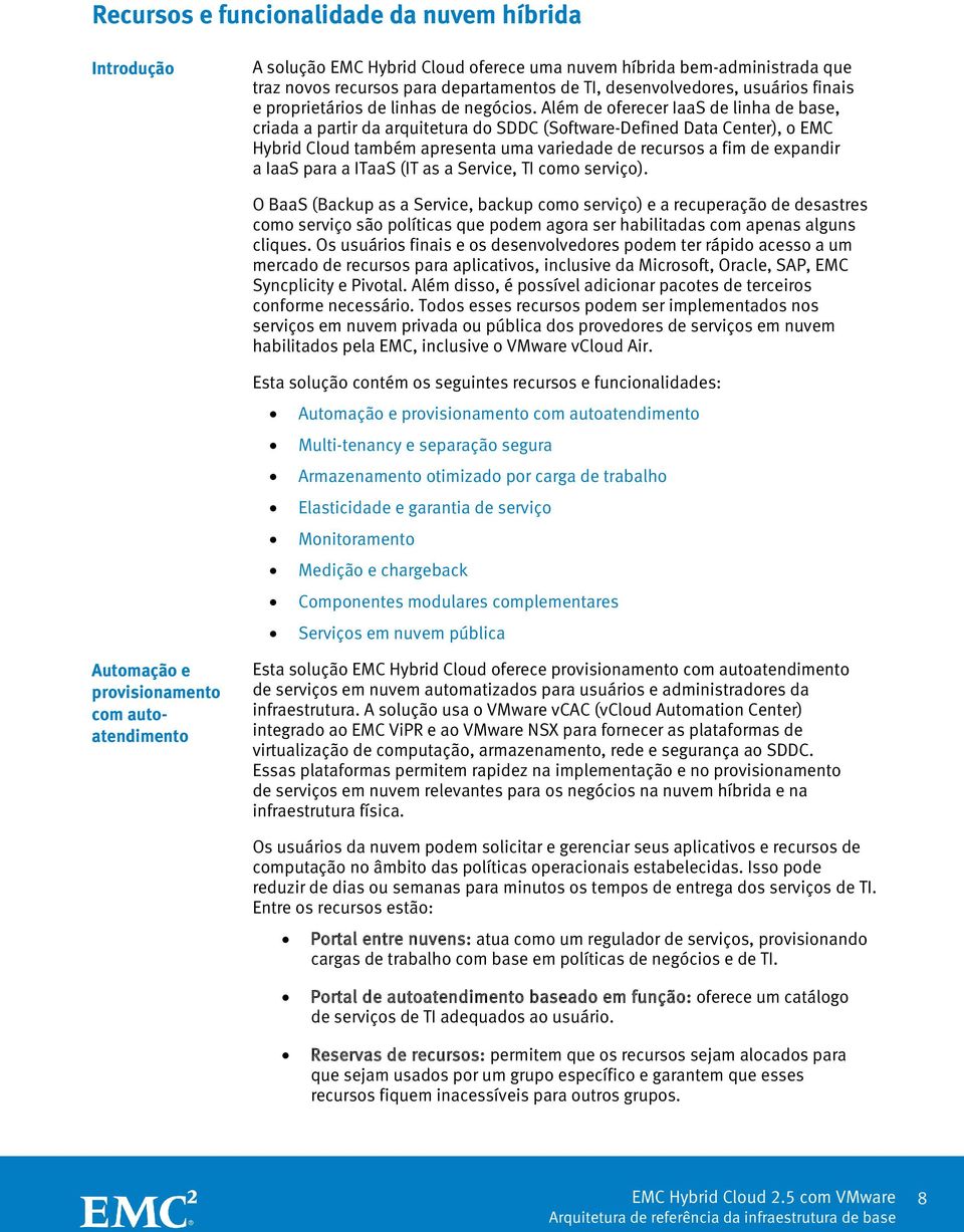 Além de oferecer IaaS de linha de base, criada a partir da arquitetura do SDDC (Software-Defined Data Center), o EMC Hybrid Cloud também apresenta uma variedade de recursos a fim de expandir a IaaS