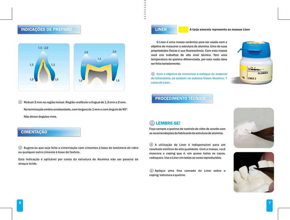 1,0 1,0 1,0 1,0 Com o objetivo de minimizar o estoque de material do laboratório, só existem no sistema Vision Alumina, 7 cores de Liner. Reduzir 2 mm na região incisal.