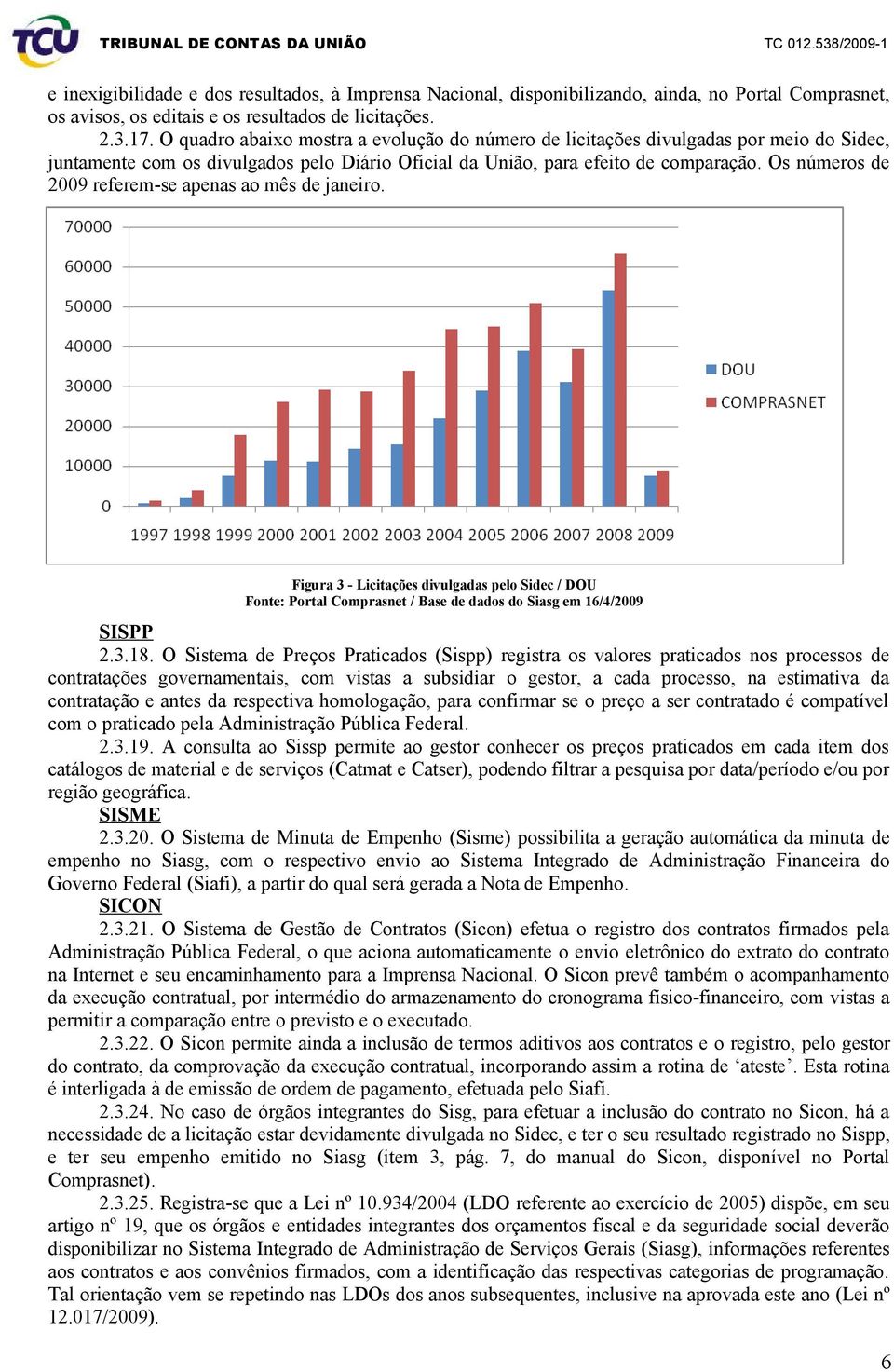 Os números de 2009 referem-se apenas ao mês de janeiro. Figura 3 - Licitações divulgadas pelo Sidec / DOU Fonte: Portal Comprasnet / Base de dados do Siasg em 16/4/2009 SISPP 2.3.18.