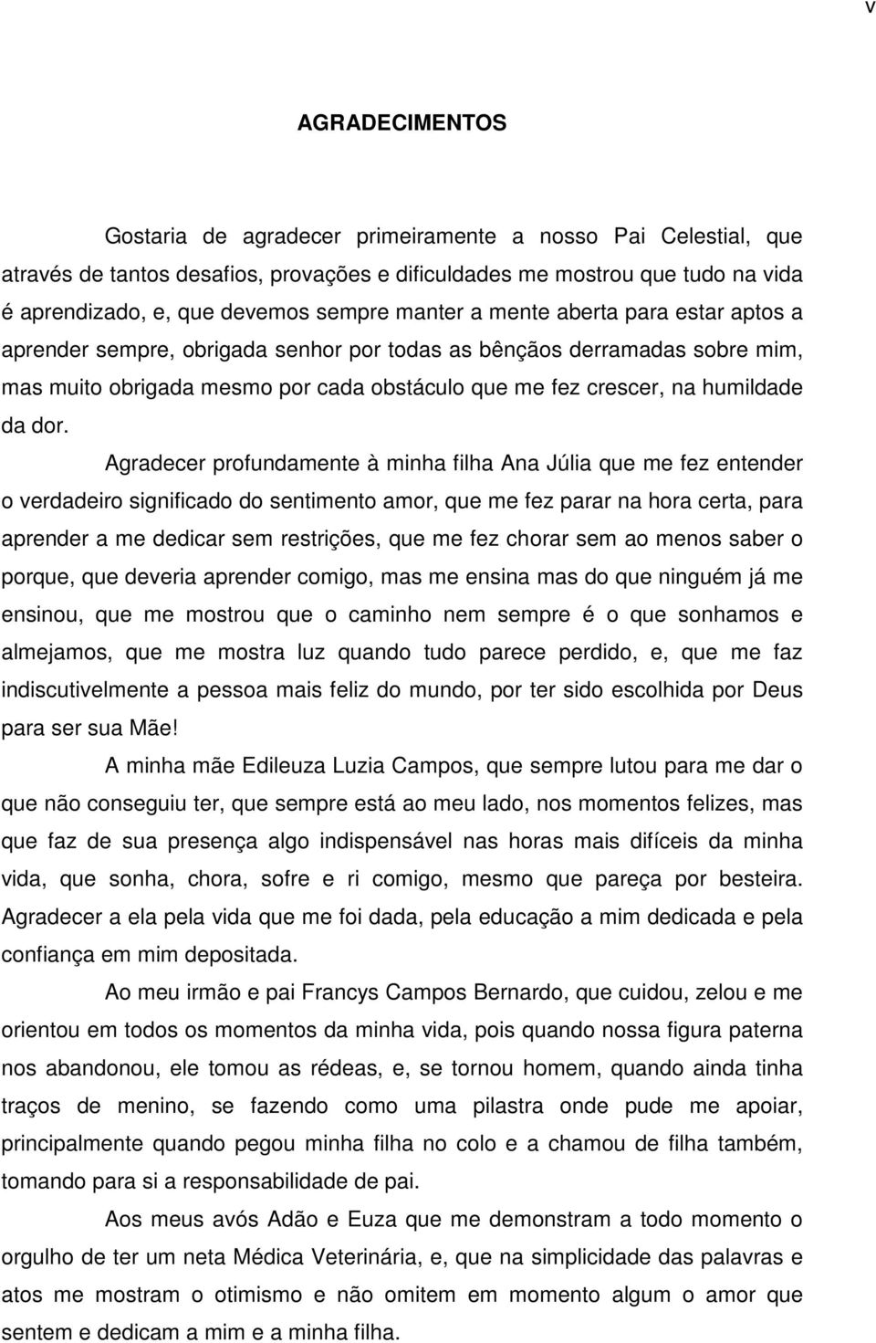 dor. Agradecer profundamente à minha filha Ana Júlia que me fez entender o verdadeiro significado do sentimento amor, que me fez parar na hora certa, para aprender a me dedicar sem restrições, que me