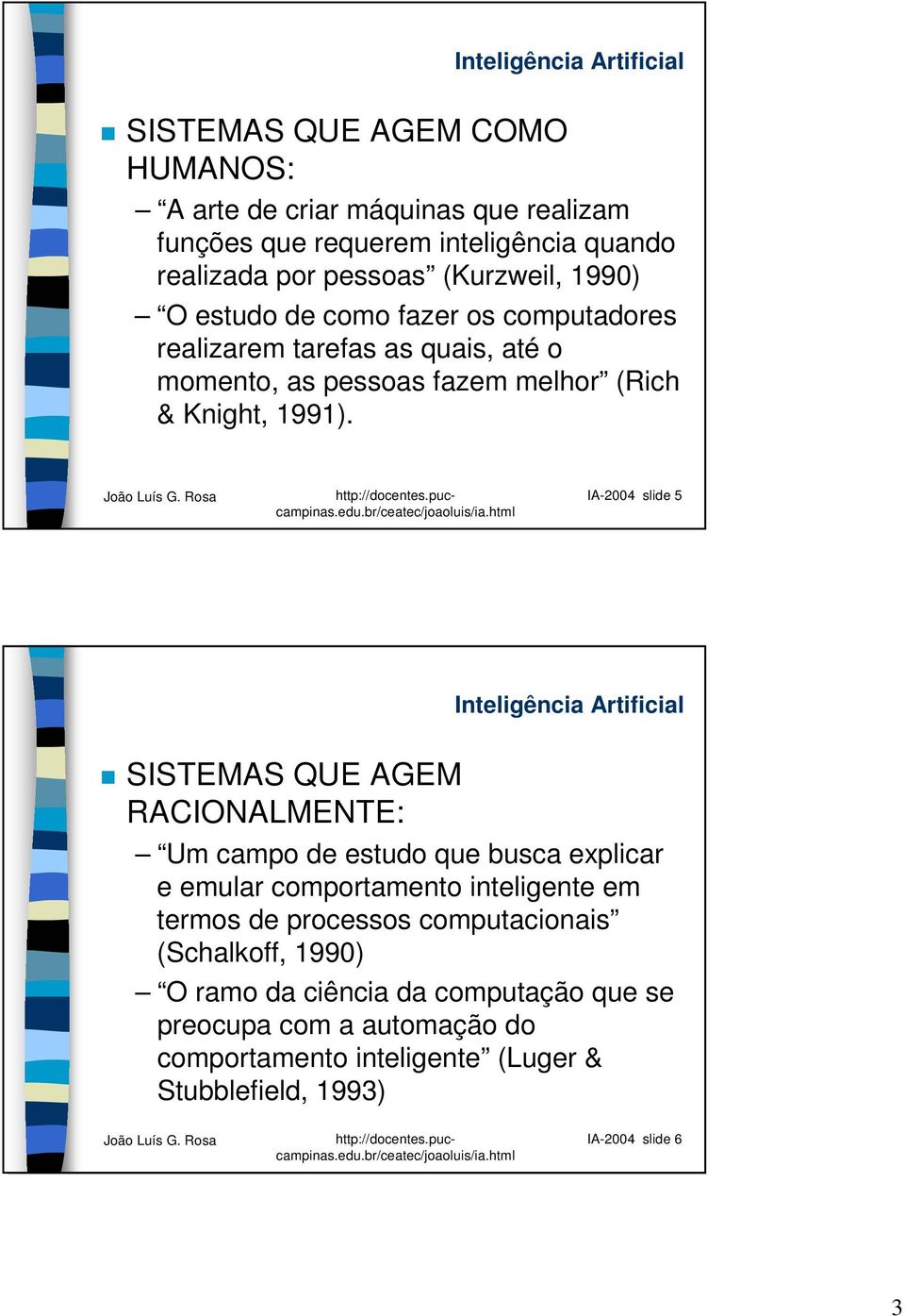 IA-2004 slide 5 SISTEMAS QUE AGEM RACIONALMENTE: Um campo de estudo que busca explicar e emular comportamento inteligente em termos de processos