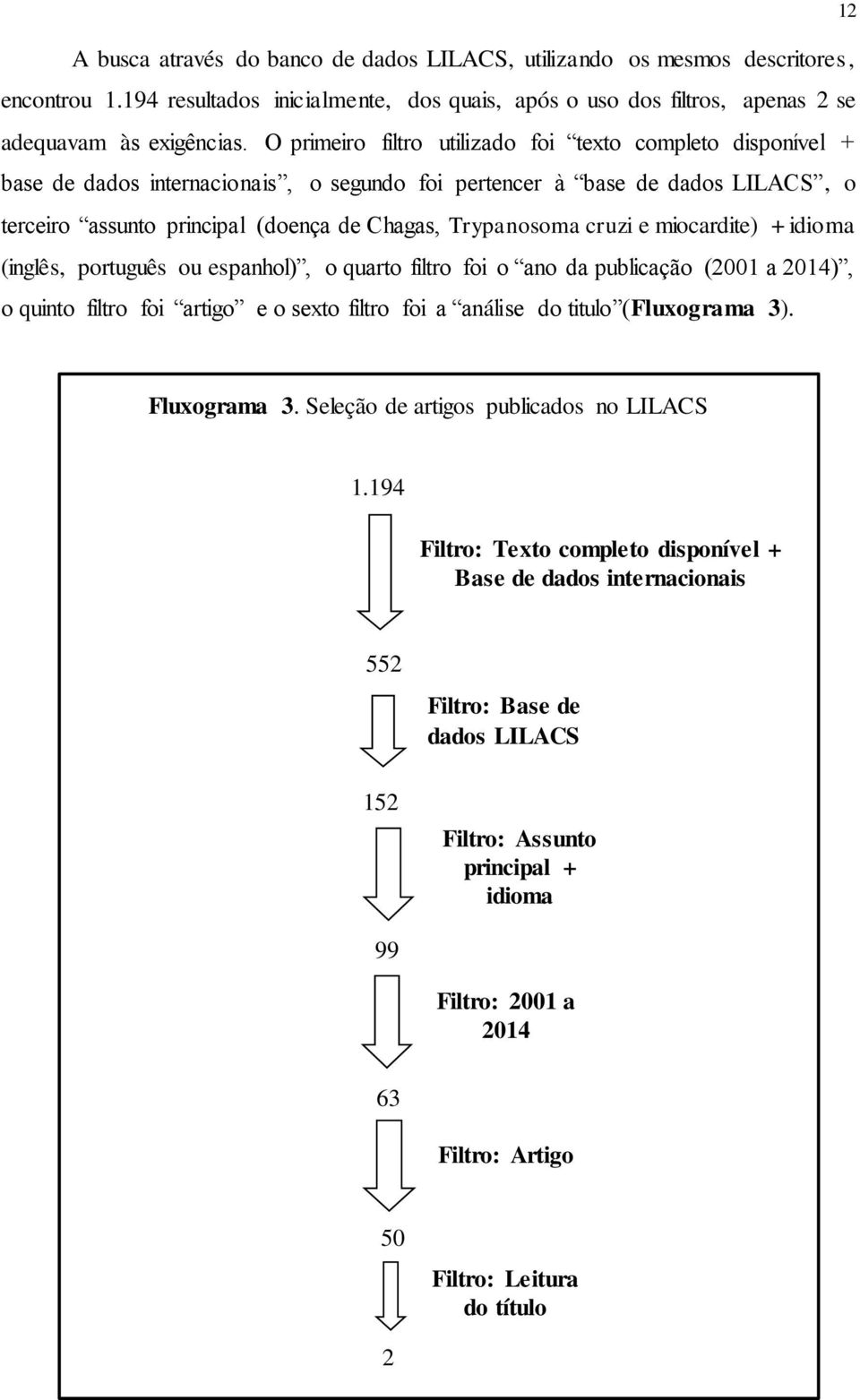 cruzi e miocardite) + idioma (inglês, português ou espanhol), o quarto filtro foi o ano da publicação (2001 a 2014), o quinto filtro foi artigo e o sexto filtro foi a análise do titulo (Fluxograma 3).