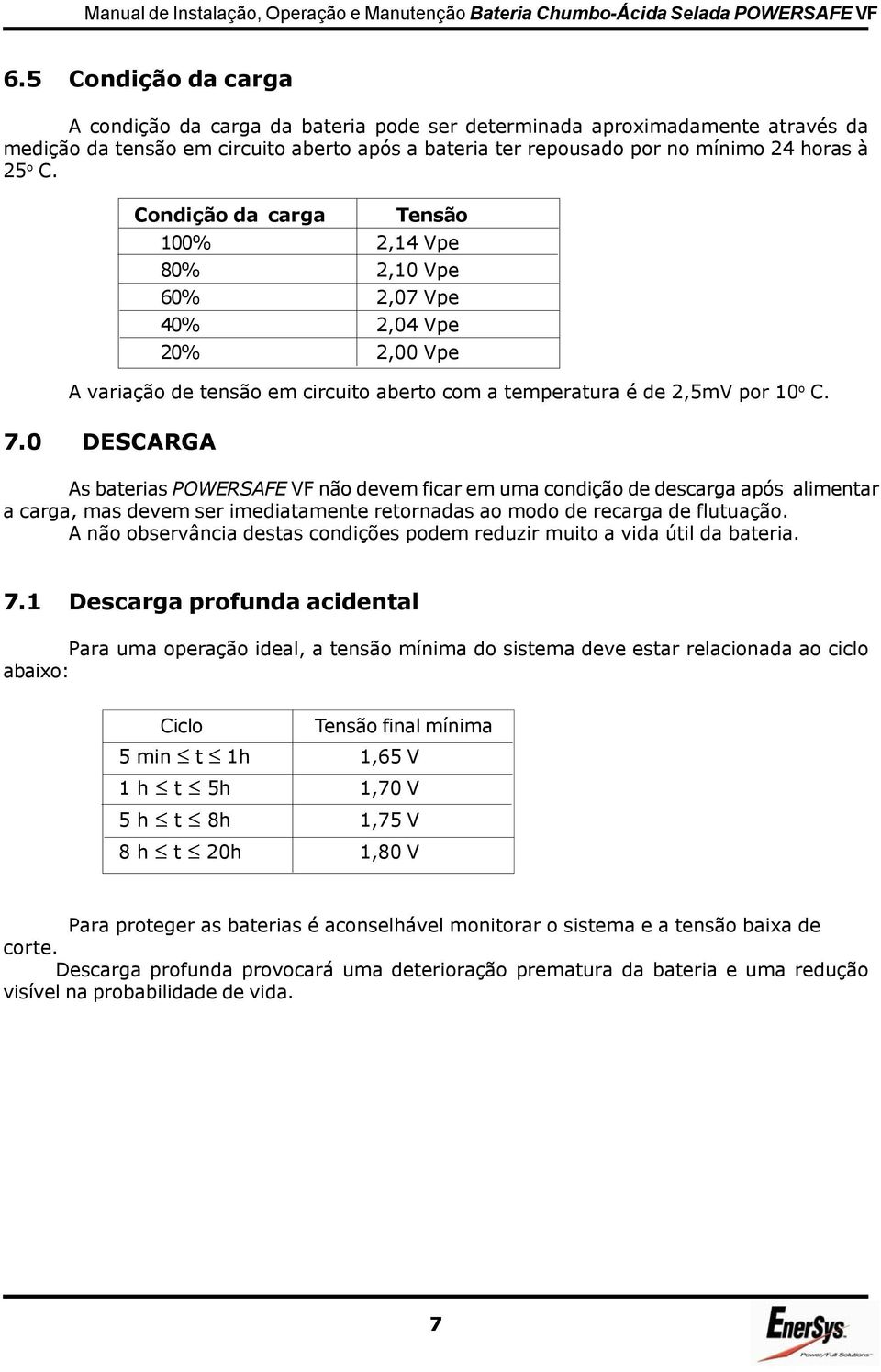 As baterias POWERSAFE VF não devem ficar em uma condição de descarga após alimentar a carga, mas devem ser imediatamente retornadas ao modo de recarga de flutuação.