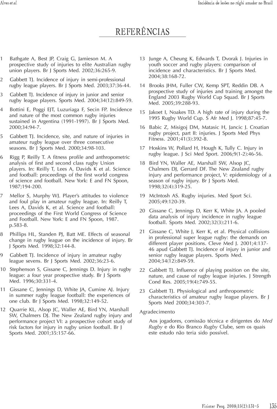 Incidence of injury in junior and senior rugby league players. Sports Med. 2004;34(12):849-59. 4 Bottini E, Poggi EJT, Luzuriaga F, Secin FP.