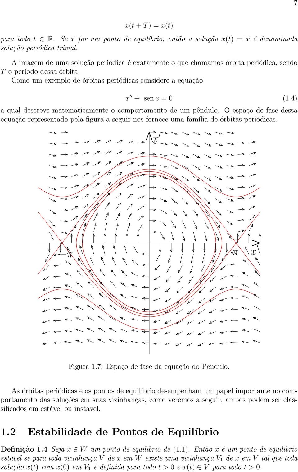 4) a qual descreve matematicamente o comportamento de um pêndulo. O espaço de fase dessa equação representado pela figura a seguir nos fornece uma família de órbitas periódicas. x π π x Figura 1.