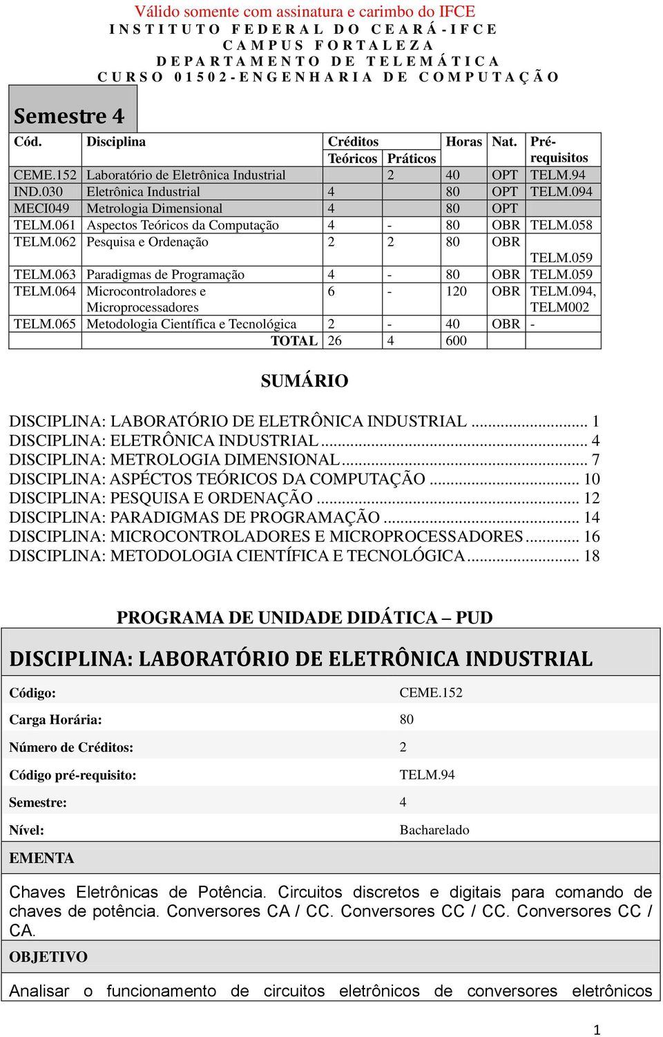 063 Paradigmas de Programação 4-80 OBR TELM.059 TELM.064 Microcontroladores e Microprocessadores 6-120 OBR TELM.094, TELM002 TELM.