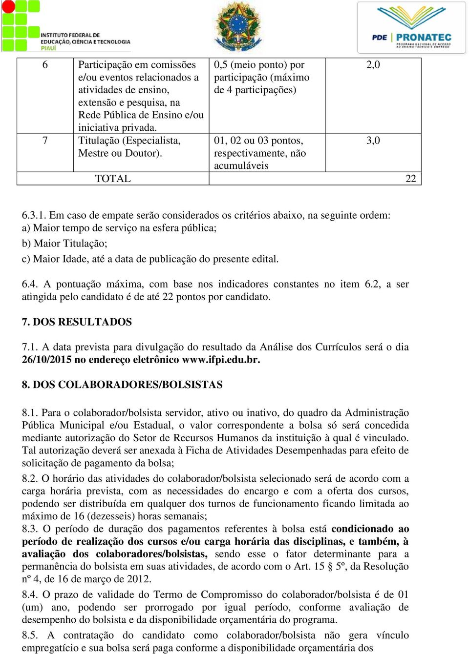 02 ou 03 pontos, respectivamente, não acumuláveis TOTAL 22 2,0 3,0 6.3.1.