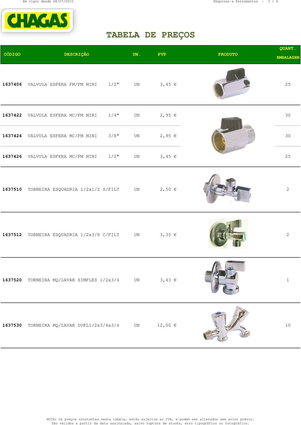 MC/FM MINI 1/2" UN 3,45 25 1637510 TORNEIRA ESQUADRIA 1/2x1/2 S/FILT UN 2,50 2 1637512 TORNEIRA ESQUADRIA 1/2x3/8