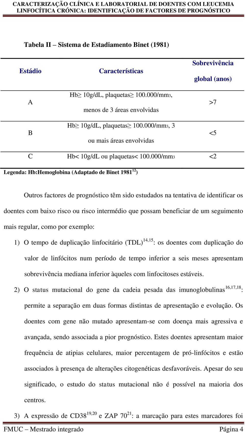 000/mm3 <2 Legenda: Hb:Hemoglobina (Adaptado de Binet 1981 12 ) Outros factores de prognóstico têm sido estudados na tentativa de identificar os doentes com baixo risco ou risco intermédio que possam