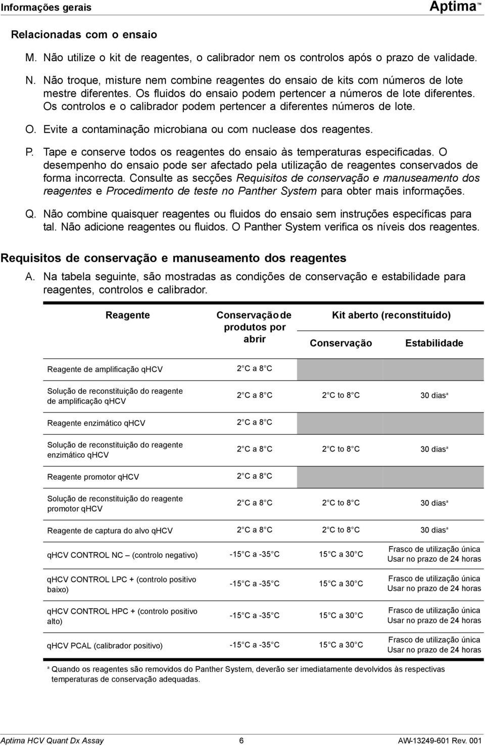 P. Tape e conserve todos os reagentes do ensaio às temperaturas especificadas. O desempenho do ensaio pode ser afectado pela utilização de reagentes conservados de forma incorrecta.