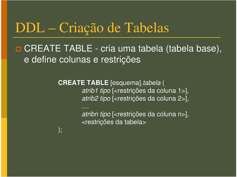 tabela ( atrib1 tipo [<restrições da coluna 1>], atrib2 tipo
