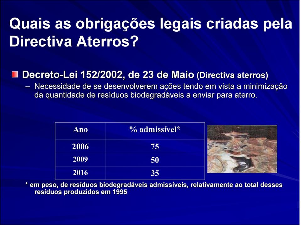 ações tendo em vista a minimização da quantidade de resíduos biodegradáveis a enviar para aterro.