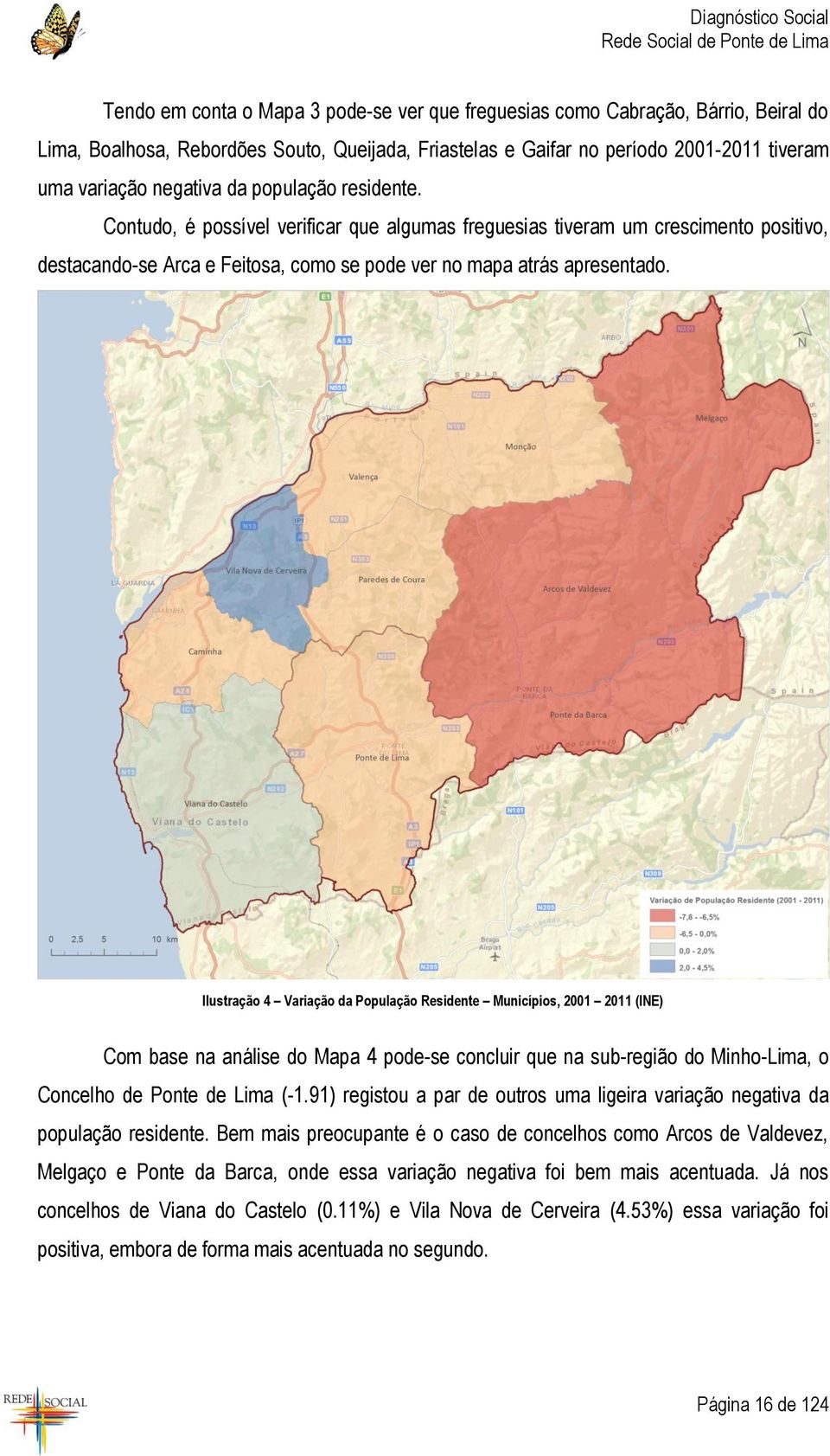 Ilustração 4 Variação da População Residente Municípios, 2001 2011 (INE) Com base na análise do Mapa 4 pode-se concluir que na sub-região do Minho-Lima, o Concelho de Ponte de Lima (-1.