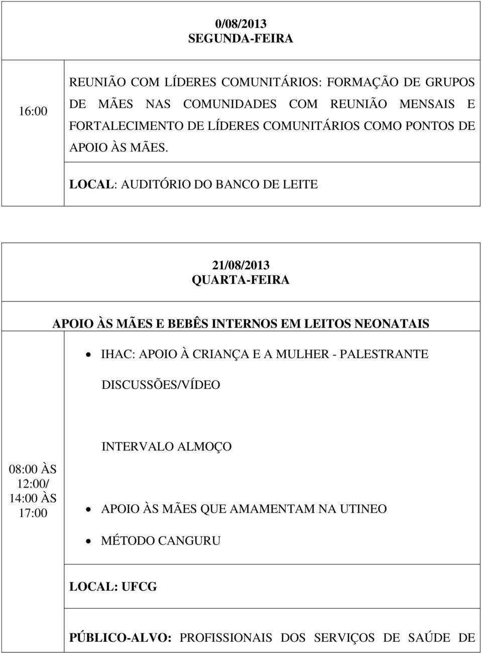 LOCAL: AUDITÓRIO DO BANCO DE LEITE 21/08/2013 QUARTA-FEIRA APOIO ÀS MÃES E BEBÊS INTERNOS EM LEITOS NEONATAIS IHAC: APOIO À CRIANÇA