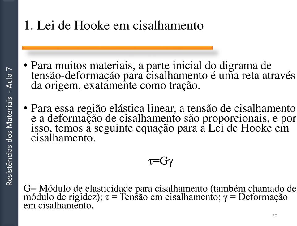 Para essa região elástica linear, a tensão de cisalhamento e a deformação de cisalhamento são proporcionais, e por isso, temos