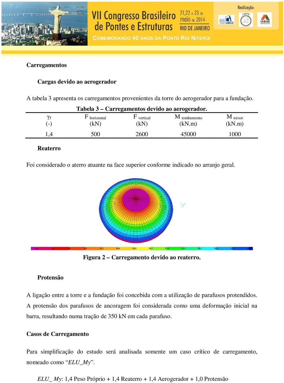 Figura 2 Carregamento devido ao reaterro. Protensão A ligação entre a torre e a fundação foi concebida com a utilização de parafusos protendidos.