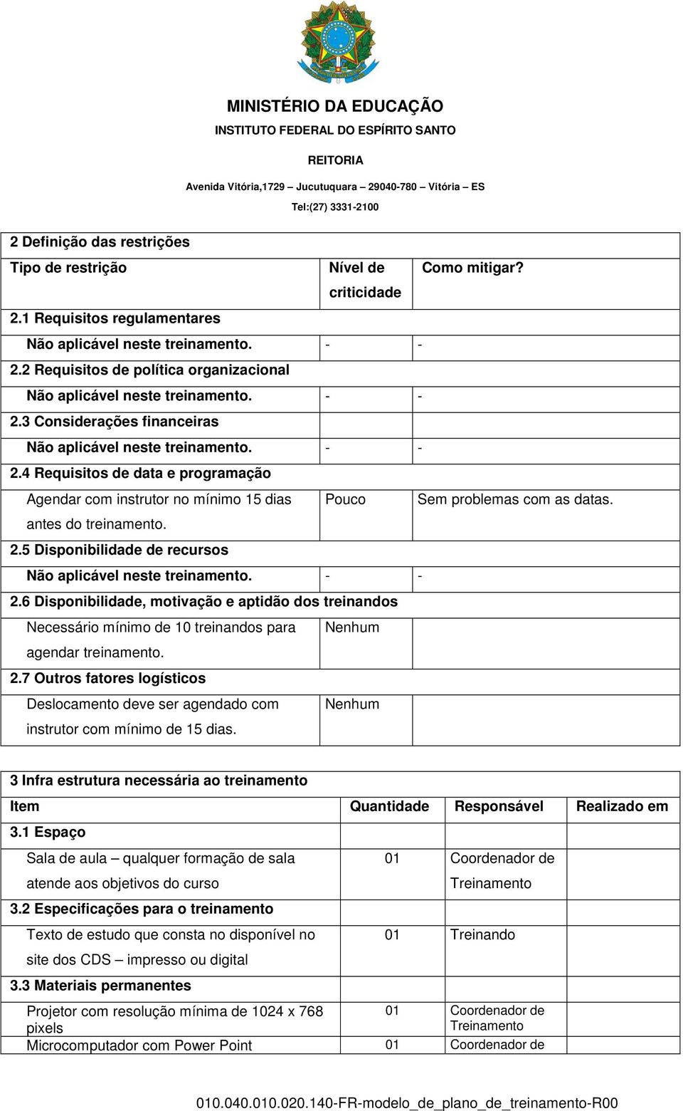 6 Disponibilidade, motivação e aptidão dos treinandos Necessário mínimo de 10 treinandos para Nenhum agendar treinamento. 2.