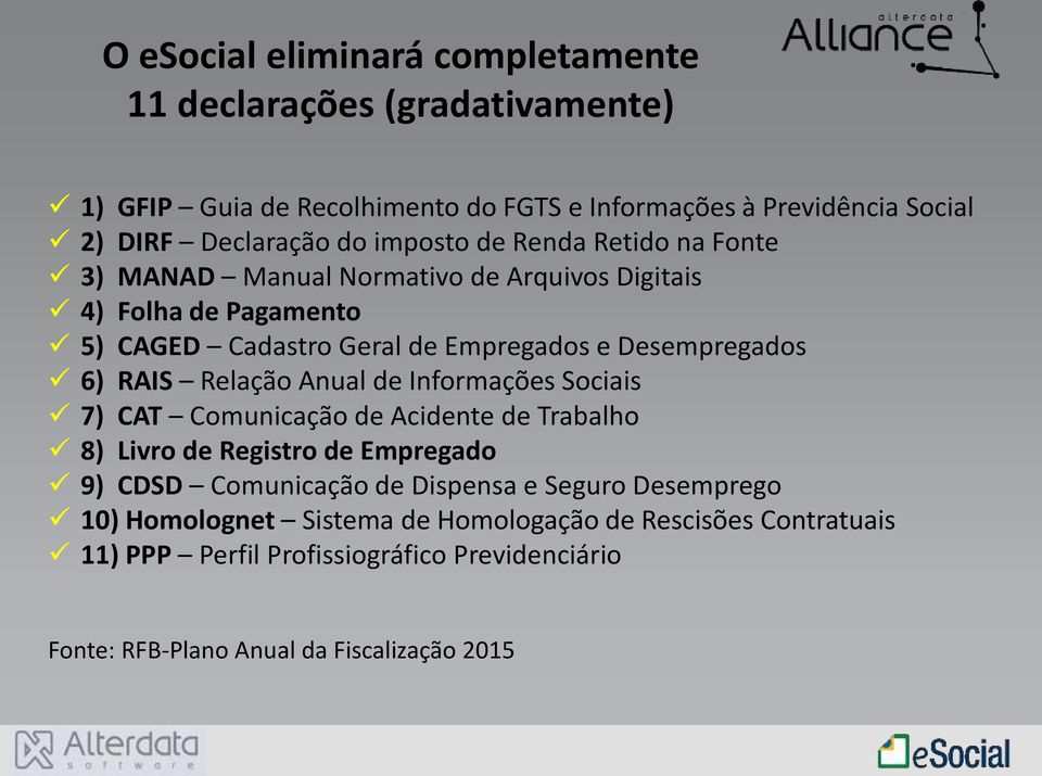 RAIS Relação Anual de Informações Sociais 7) CAT Comunicação de Acidente de Trabalho 8) Livro de Registro de Empregado 9) CDSD Comunicação de Dispensa e Seguro