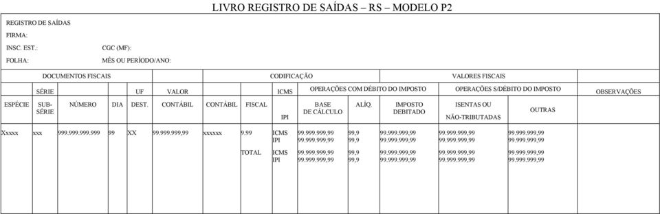 IMPOSTO OBSERVAÇÕES ESPÉCIE SUB- NÚMERO DIA DEST. CONTÁBIL CONTÁBIL FISCAL IPI BASE DE CÁLCULO ALÍQ.